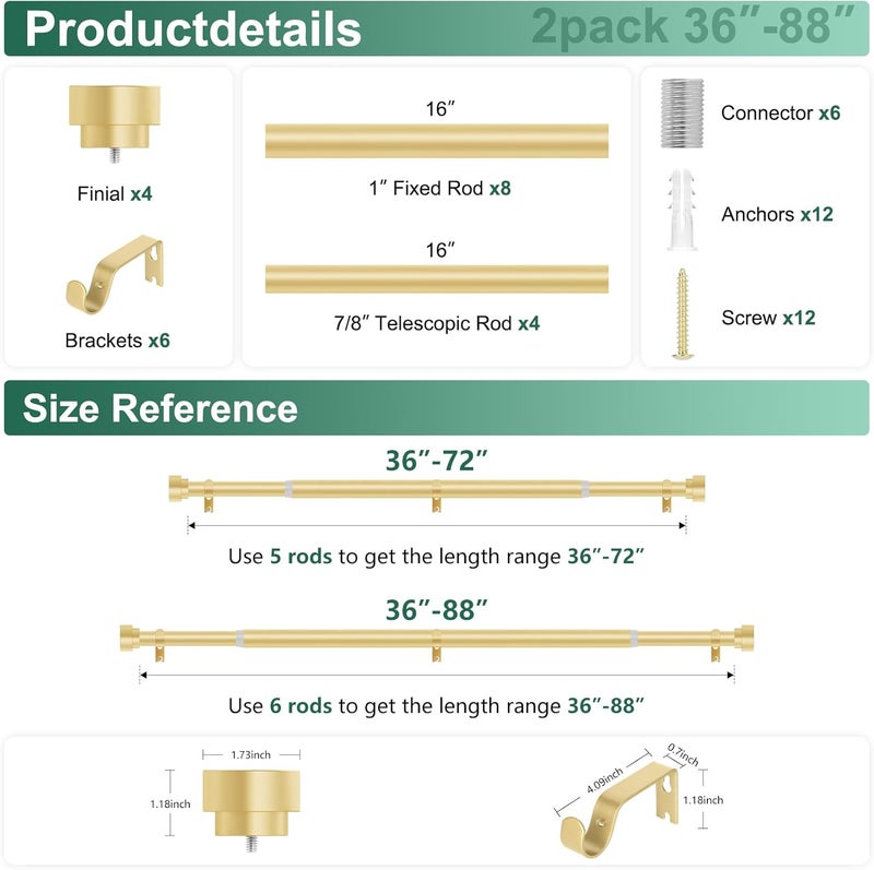 hei! dear 2 Pack Gold Curtain Rods 48 to 84 Inch(4-7FT),1 Inch Heavy Duty Curtain Rods,Adjustable Curtain Rod Set,Modern Decorative Drapery Rods,Telescoping Window Curtains Rods 36-88",Brass Gold - Image 5